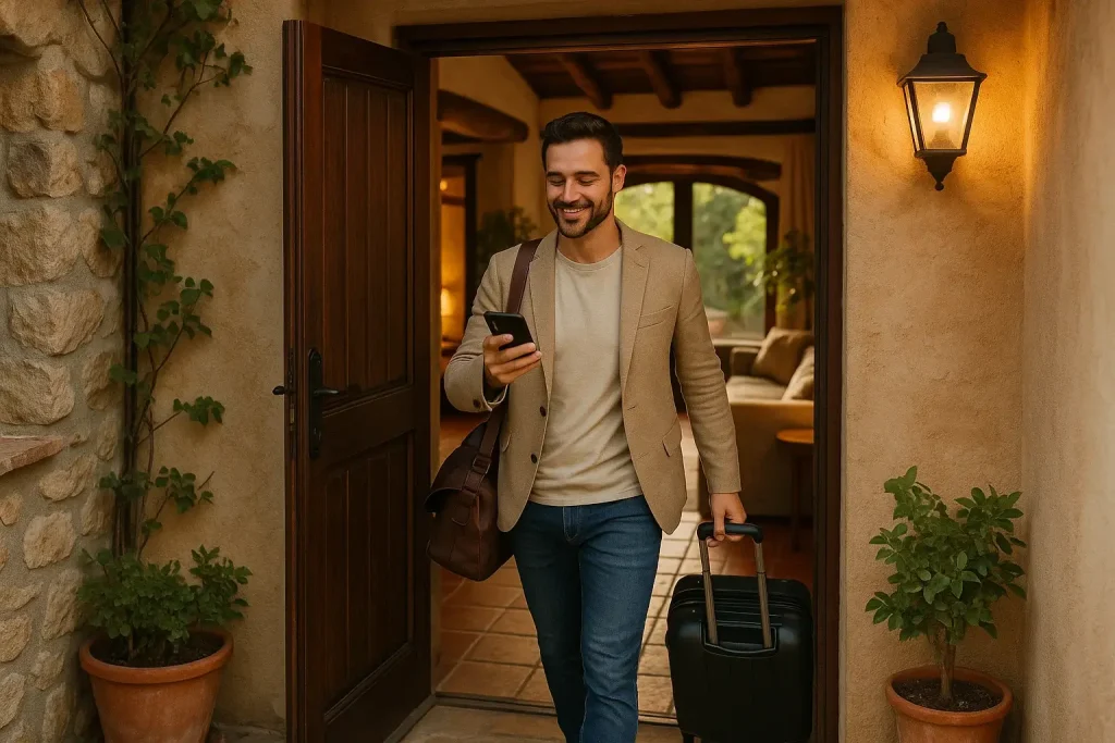 Guest completing online check-in on a smartphone before arriving at a vacation rental.