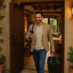 Επισκέπτης ολοκληρώνει το Online Check-in από το κινητό του, πριν φτάσει στο κατάλυμα.