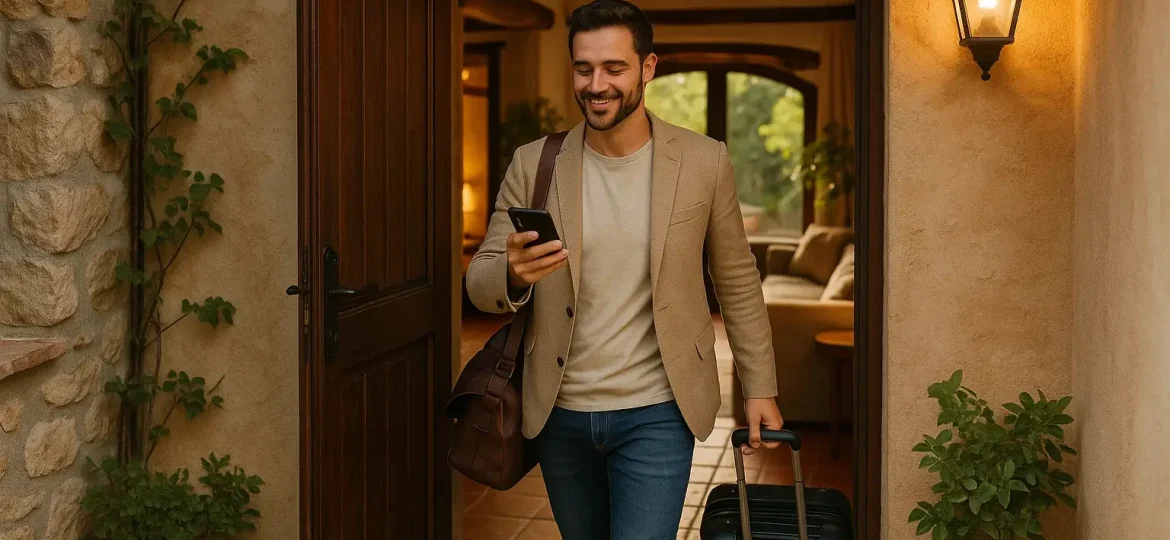 Επισκέπτης ολοκληρώνει το Online Check-in από το κινητό του, πριν φτάσει στο κατάλυμα.