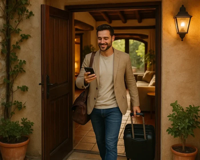 Επισκέπτης ολοκληρώνει το Online Check-in από το κινητό του, πριν φτάσει στο κατάλυμα.