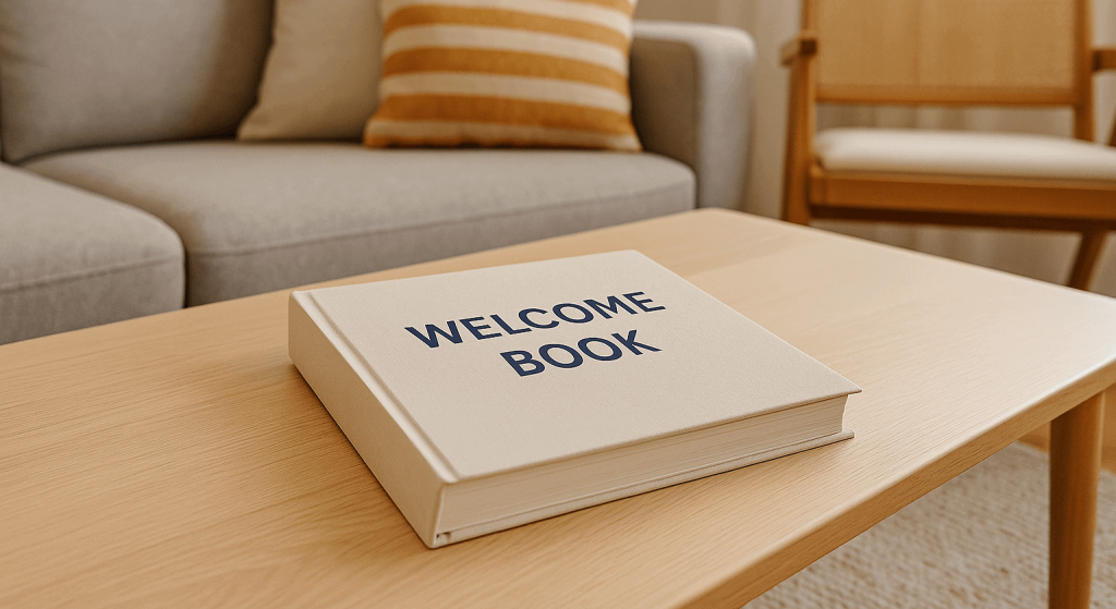 A printed welcome book placed on a wooden coffee table in a cozy Airbnb-style living room, with natural light, a modern sofa, and neutral-toned decor in the background.